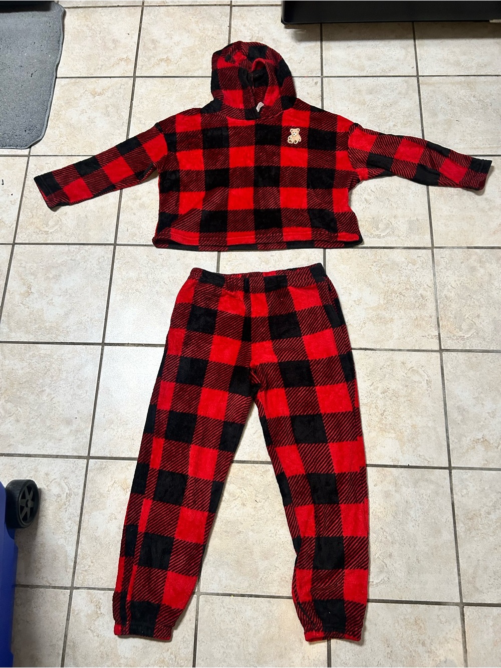 Kids Red and Black Buffalo Plaid Hooded Pajama Set